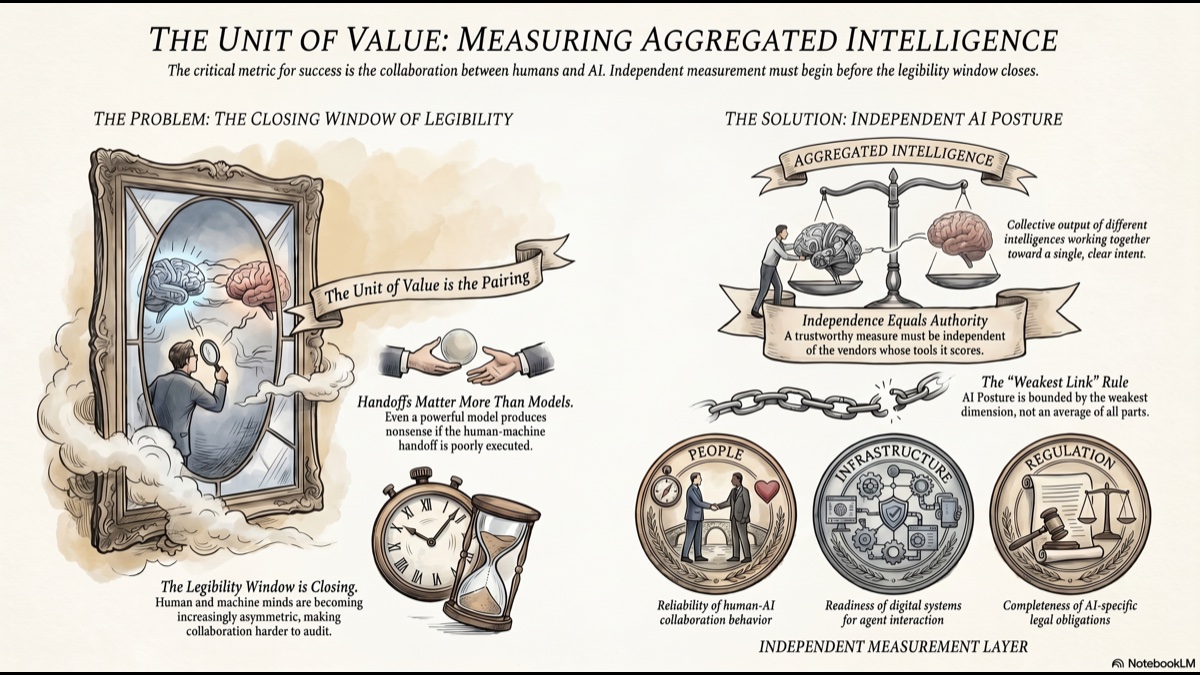 The Unit of Value: Measuring Aggregated Intelligence. Left panel: the closing window of legibility between human and machine minds. Right panel: the Independent AI Posture solution with People, Infrastructure, and Regulation as the measurement layer, bounded by the weakest link.